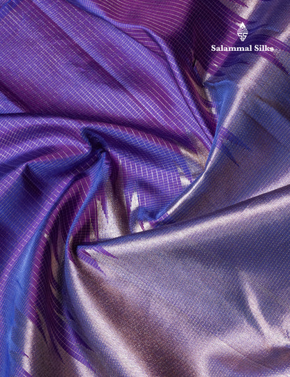 8 Kol Purple Tiny Zari Checks Pure Kanjivaram Silk Saree with Traditional Rising Temple Border