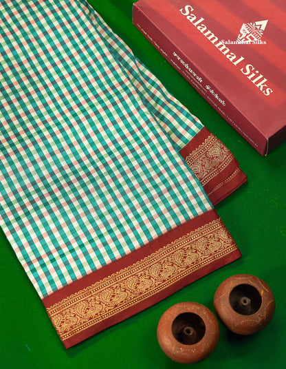 9.5 Yards Semi Silk Saree Peacock Green & White Checks With Contrast Maroon Traditional Border