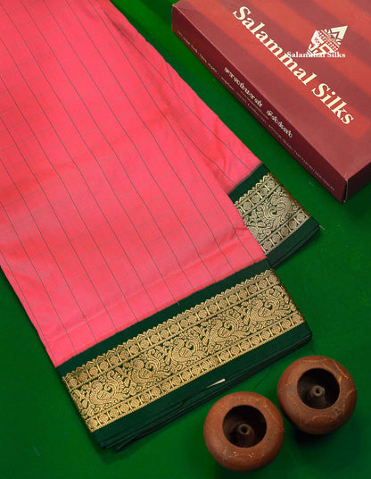 9 Yards Semi Silk Saree Pink with Contrast Bottle Green Traditional Border