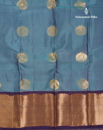 Beautiful Dual Tone Peacock Blue Puremix Silk Saree With Contrast Dark Magenta Traditional Border