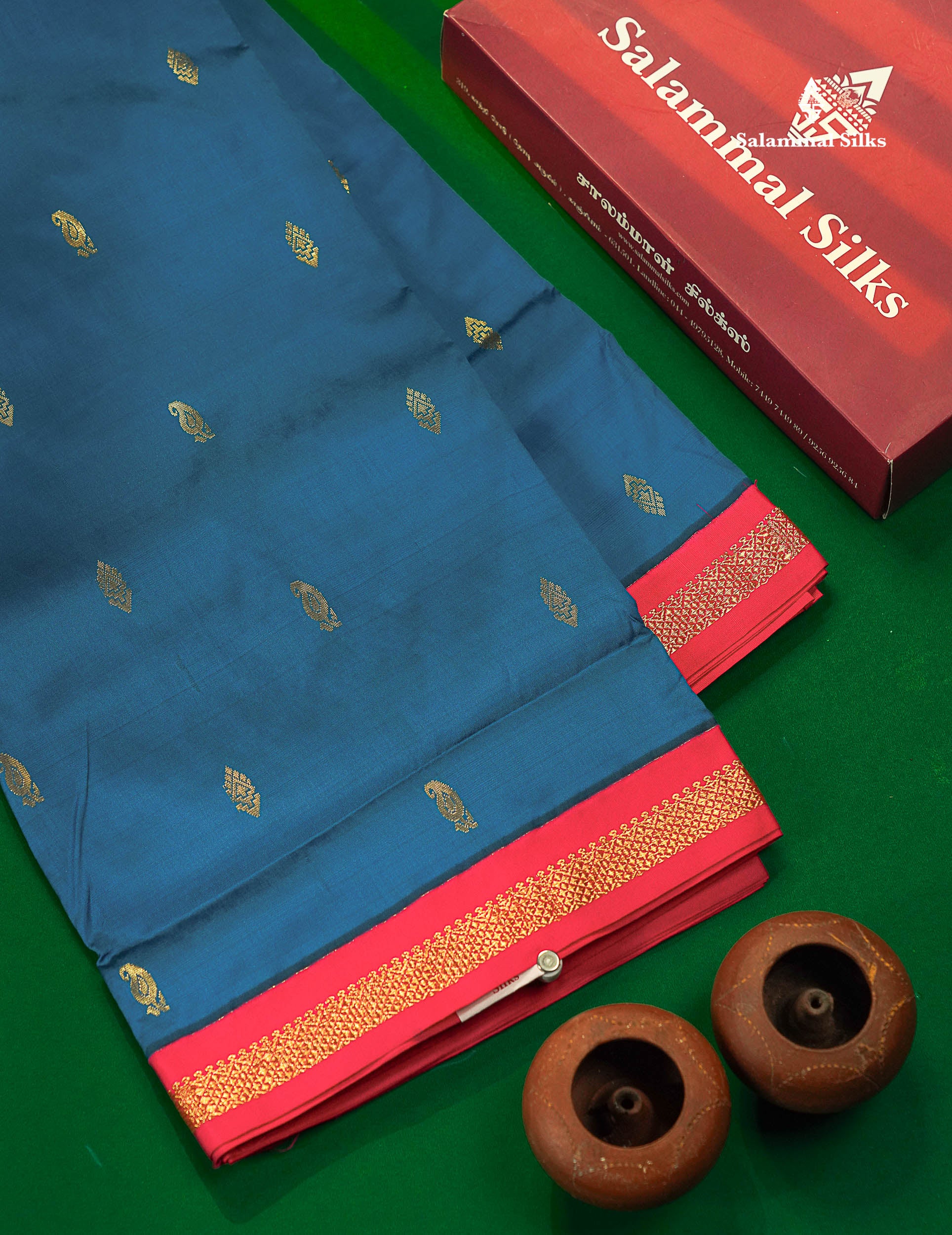 Semi Silk Saree - Peacock Blue Colour Body Zari Buttas With Contrast Pink Small Border | 10 Yards