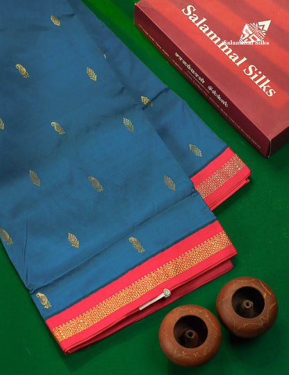 Semi Silk Saree - Peacock Blue Colour Body Zari Buttas With Contrast Pink Small Border | 10 Yards