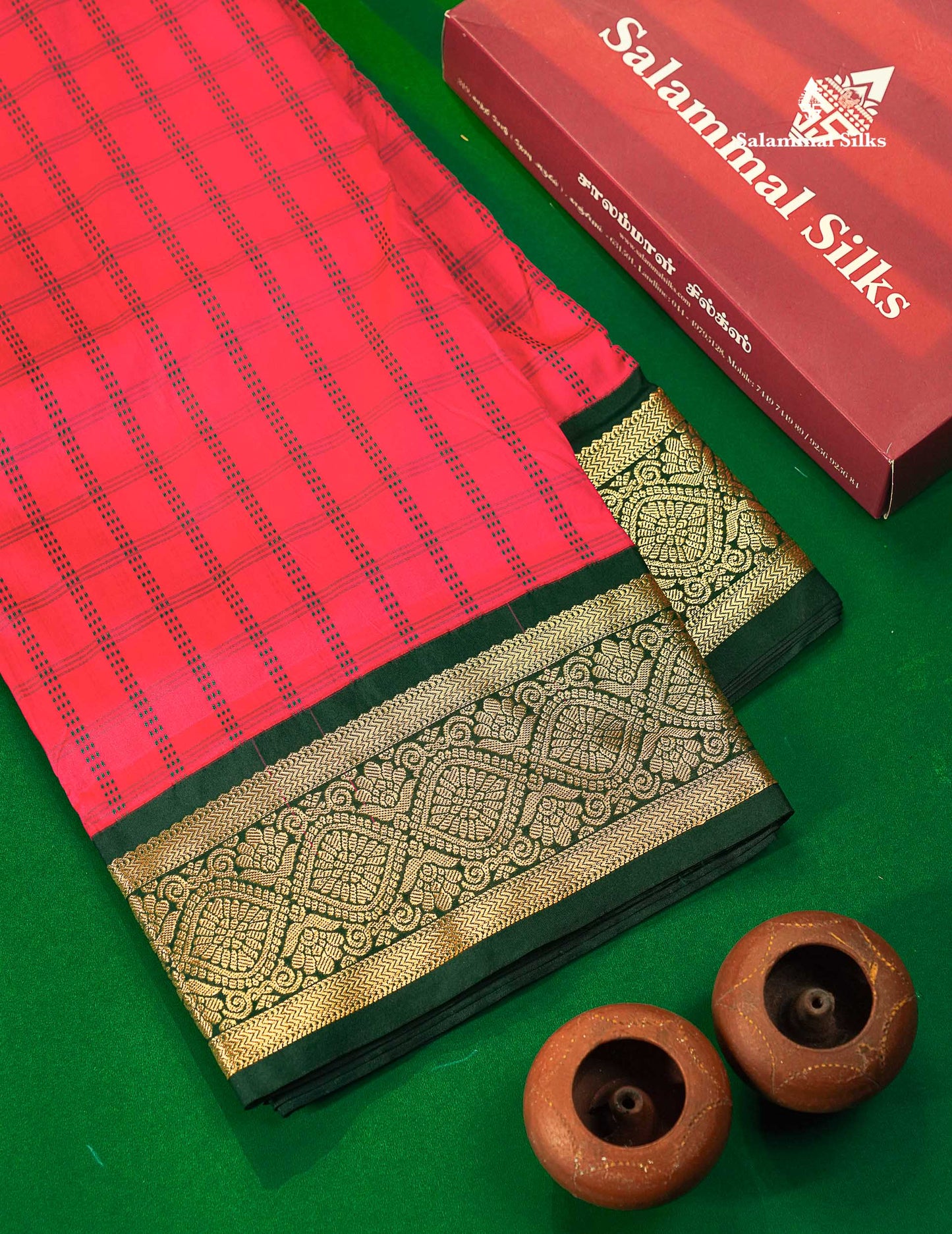 9 Yards Semi Silk Saree Pink Checks with Contrast Bottle Green Border