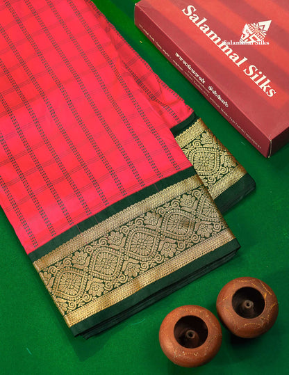9 Yards Semi Silk Saree Pink Checks with Contrast Bottle Green Border