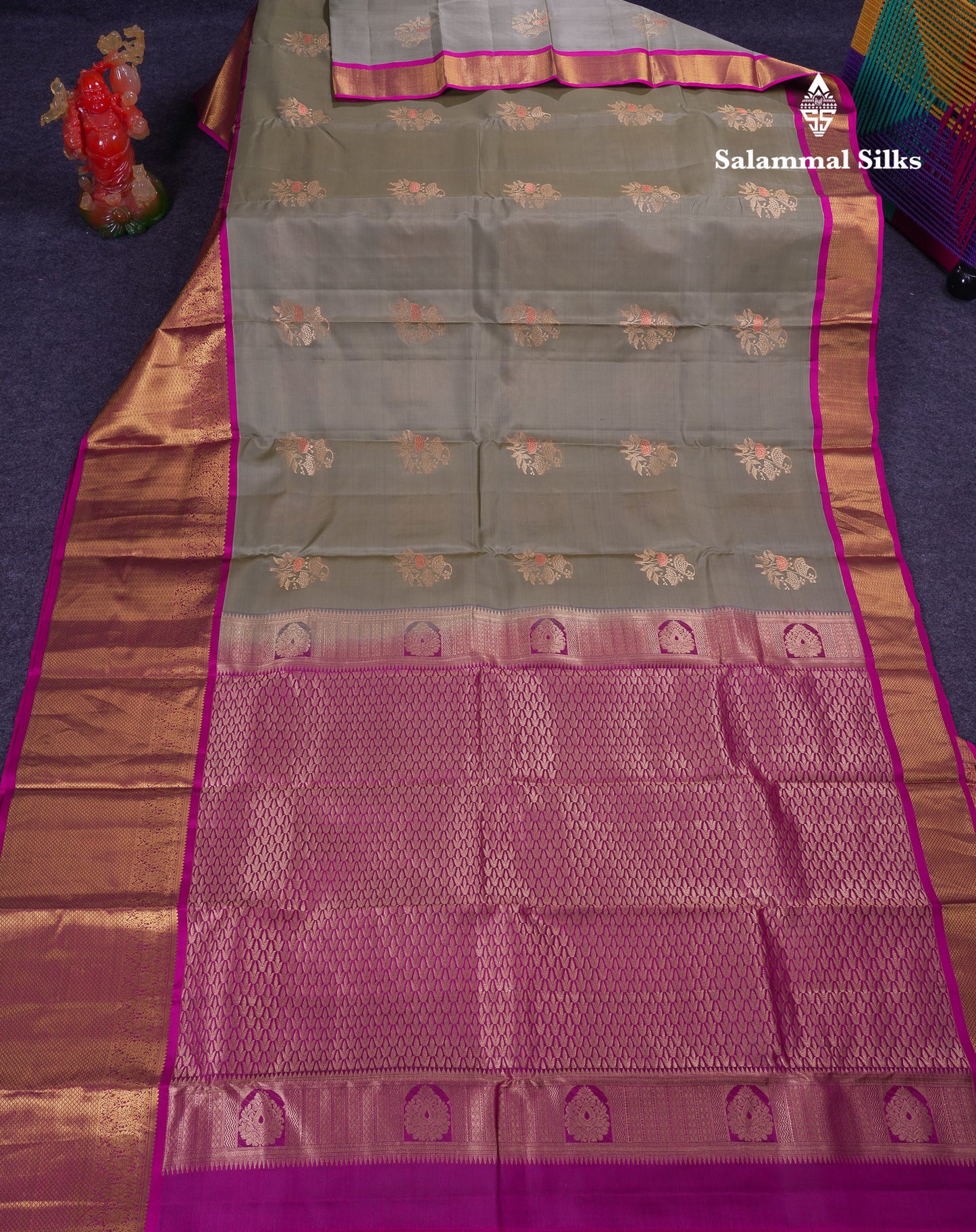 Beautiful Greenish Grey Puremix Silk Saree With Contrast Magenta Traditional Evening Morning Border