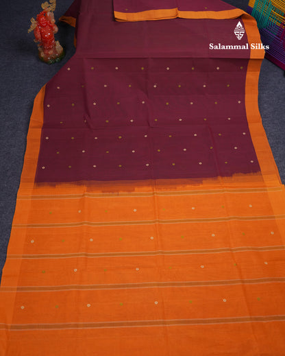 Beautiful Dark Brown Thread Work Butta Pure Cotton Saree With Contrast Dark Sandal Border