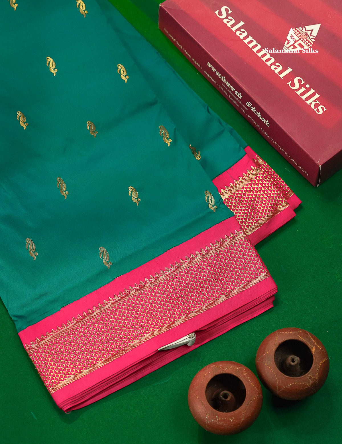 Semi Silk Saree - Teal Green Colour Body Zari Butta With Contrast Pink Border | 10.5 Yards
