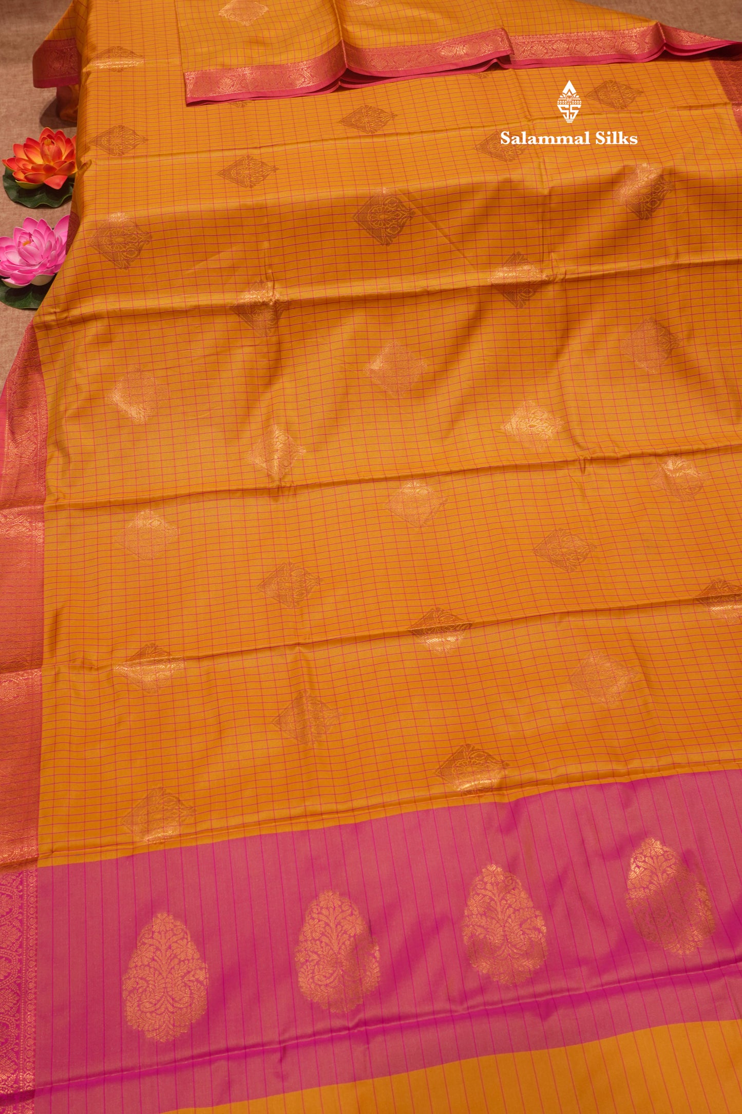 Mustard Yellow Colour Checks Semi Silk Saree With Pink Small Border