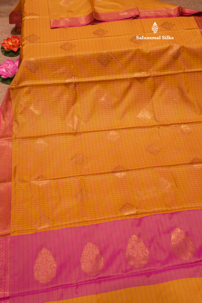 Mustard Yellow Colour Checks Semi Silk Saree With Pink Small Border