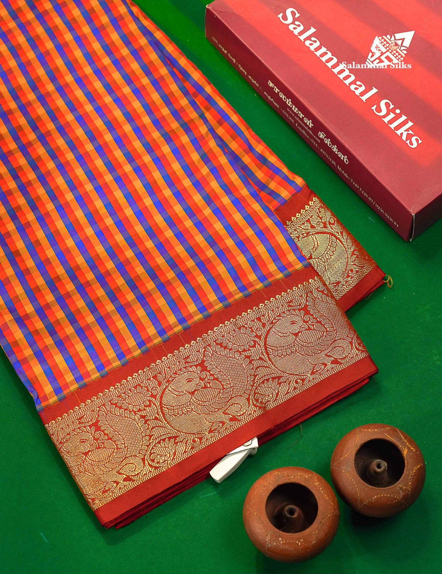 Semi Silk Saree - Multicolour Colour Body Checks With Contrast Maroon Traditional Border | 10 Yards