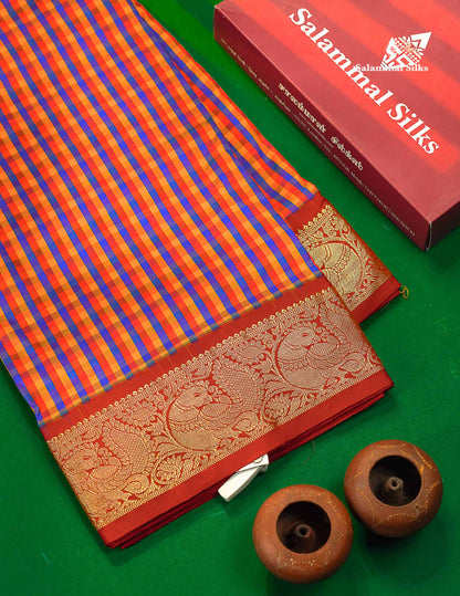 Semi Silk Saree - Multicolour Colour Body Checks With Contrast Maroon Traditional Border | 10 Yards