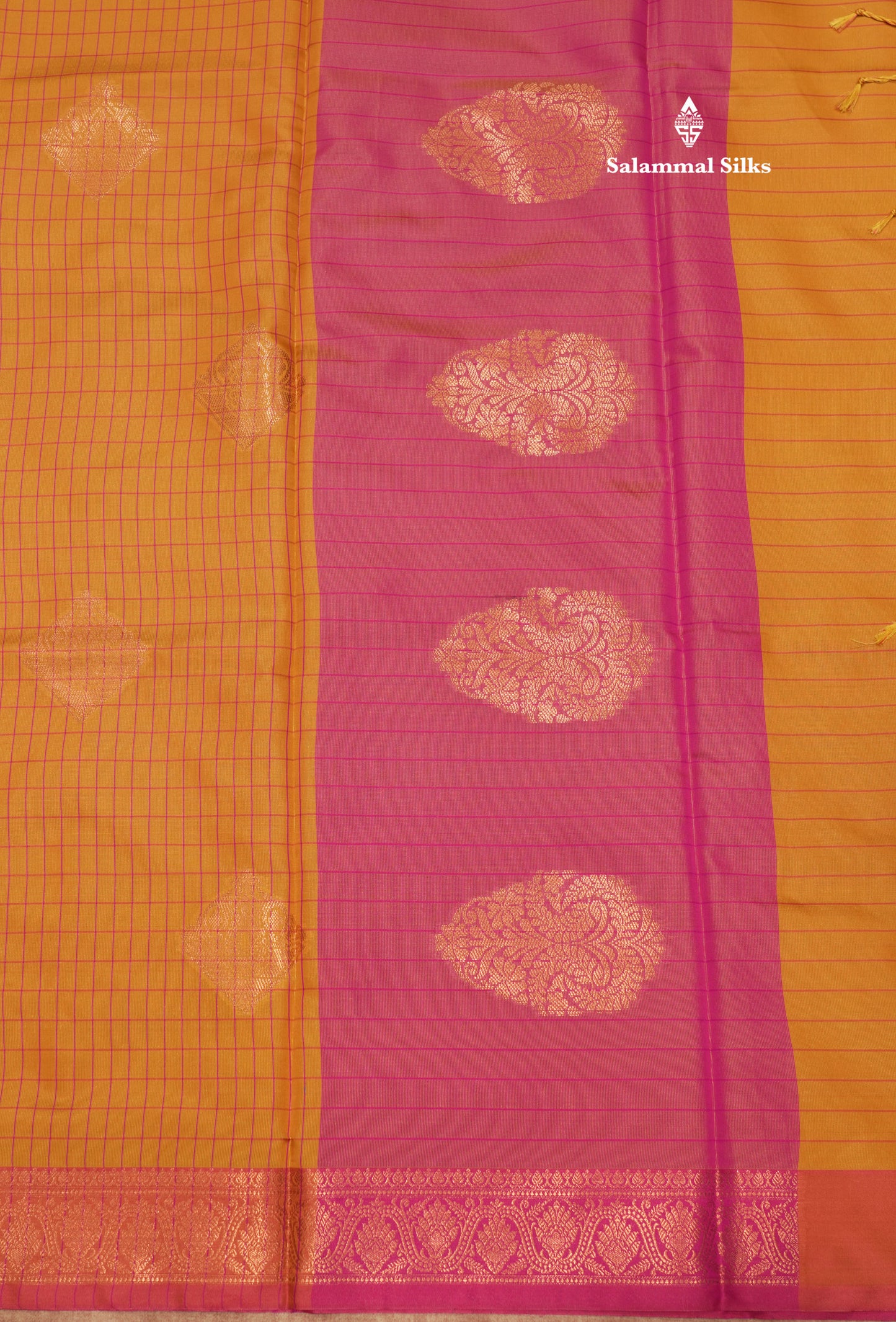 Mustard Yellow Colour Checks Semi Silk Saree With Pink Small Border