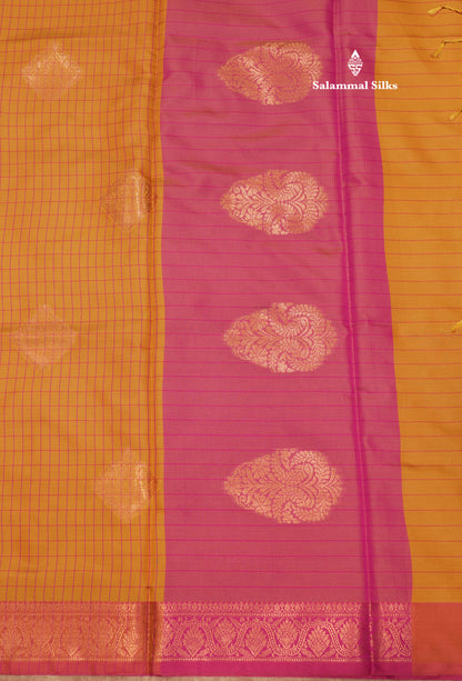 Mustard Yellow Colour Checks Semi Silk Saree With Pink Small Border