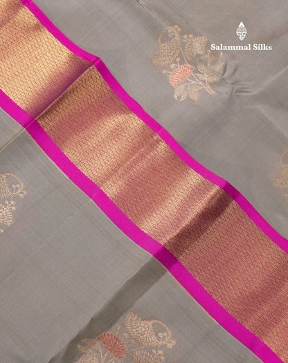 Beautiful Greenish Grey Puremix Silk Saree With Contrast Magenta Traditional Evening Morning Border