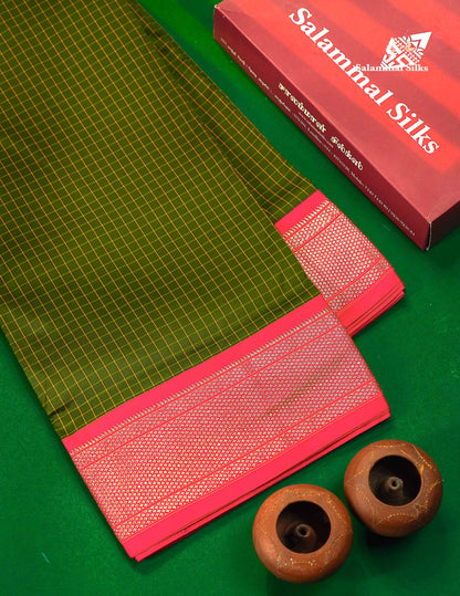 Semi Silk Saree - Olive Green Colour Body Small Checks With Traditional Pink Border | 9.5 Yards