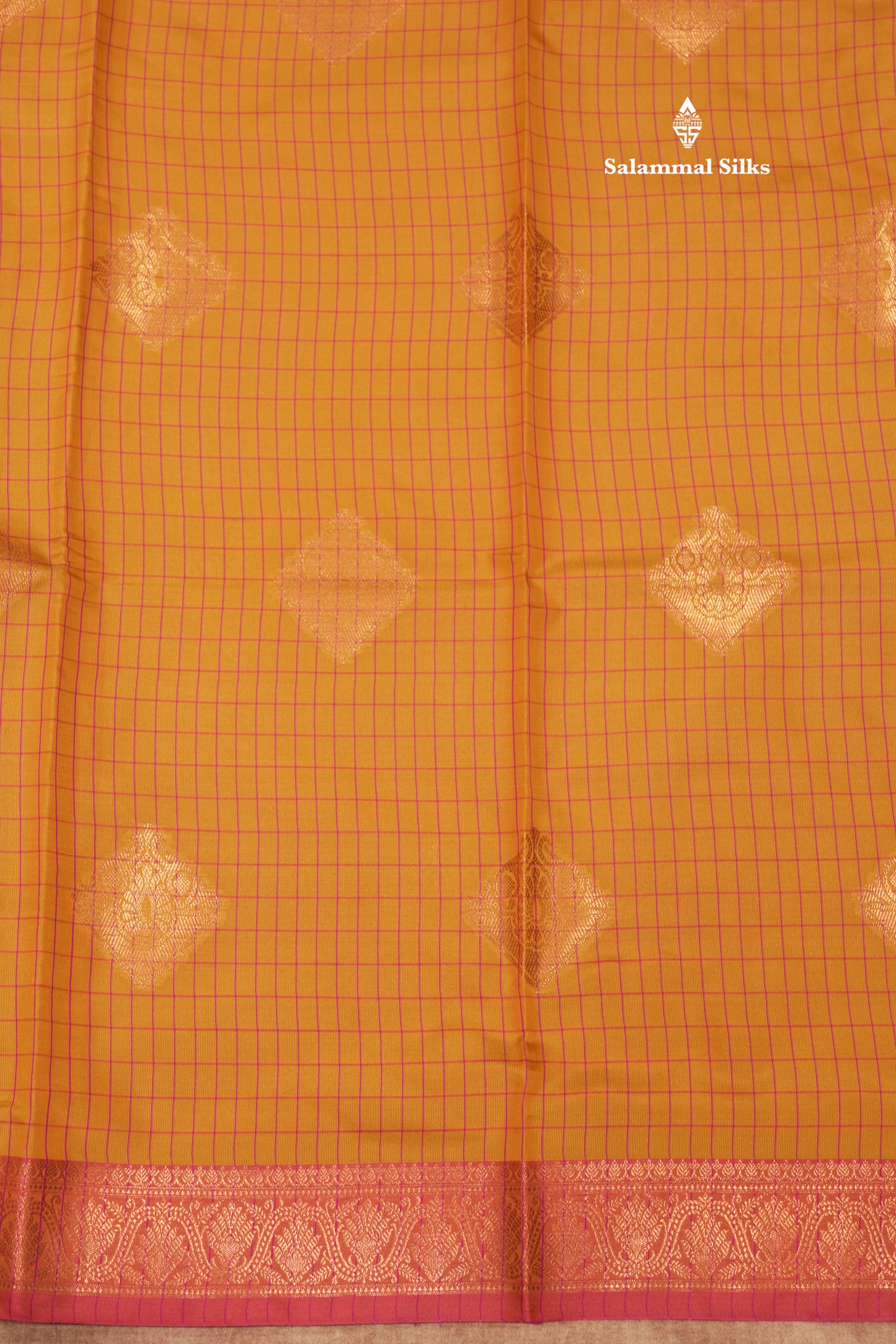 Mustard Yellow Colour Checks Semi Silk Saree With Pink Small Border