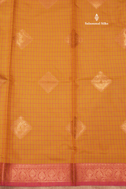 Mustard Yellow Colour Checks Semi Silk Saree With Pink Small Border