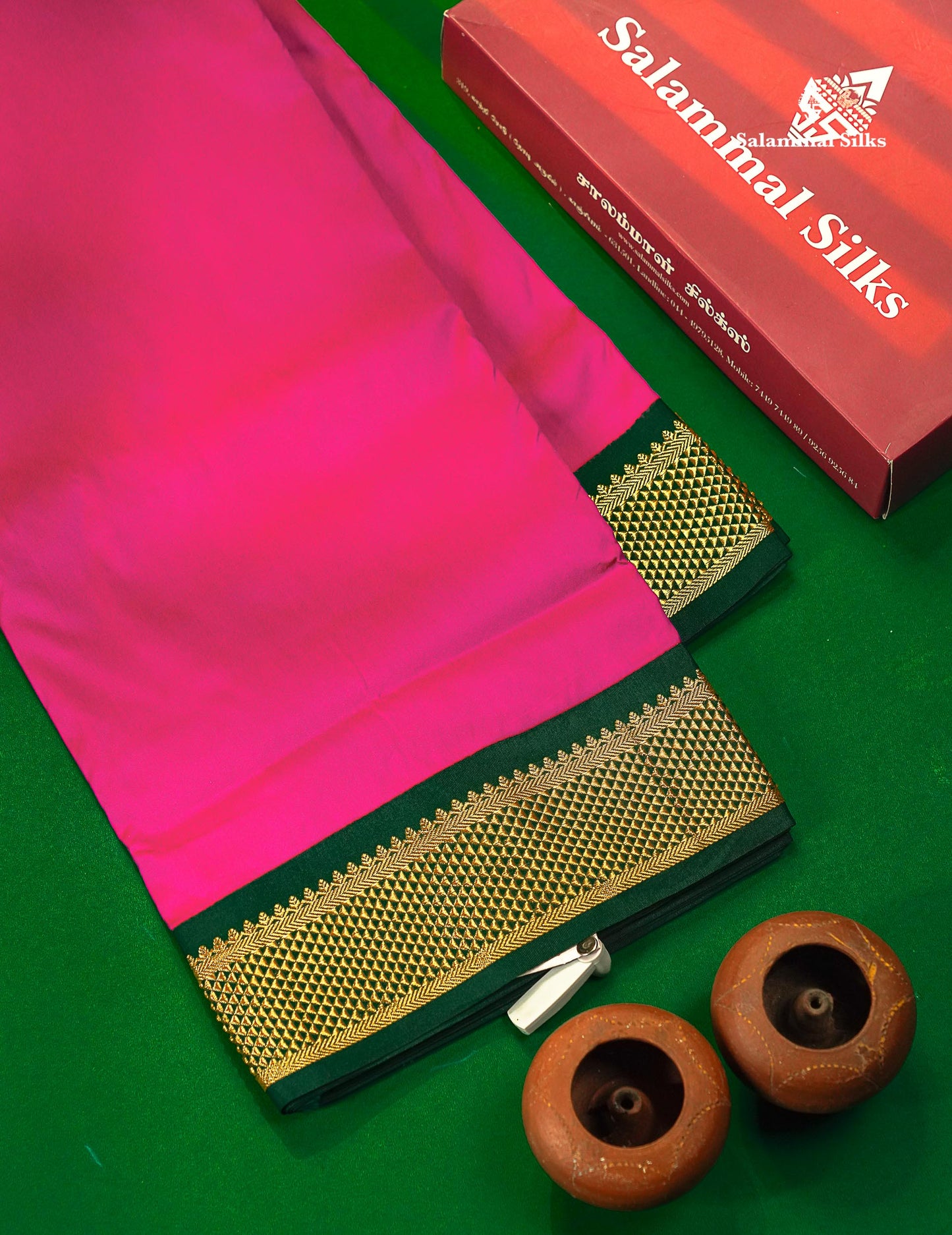 Semi Silk Saree - Rani Pink Colour Body Plain With Contrast Bottle Green Border | 9 Yards
