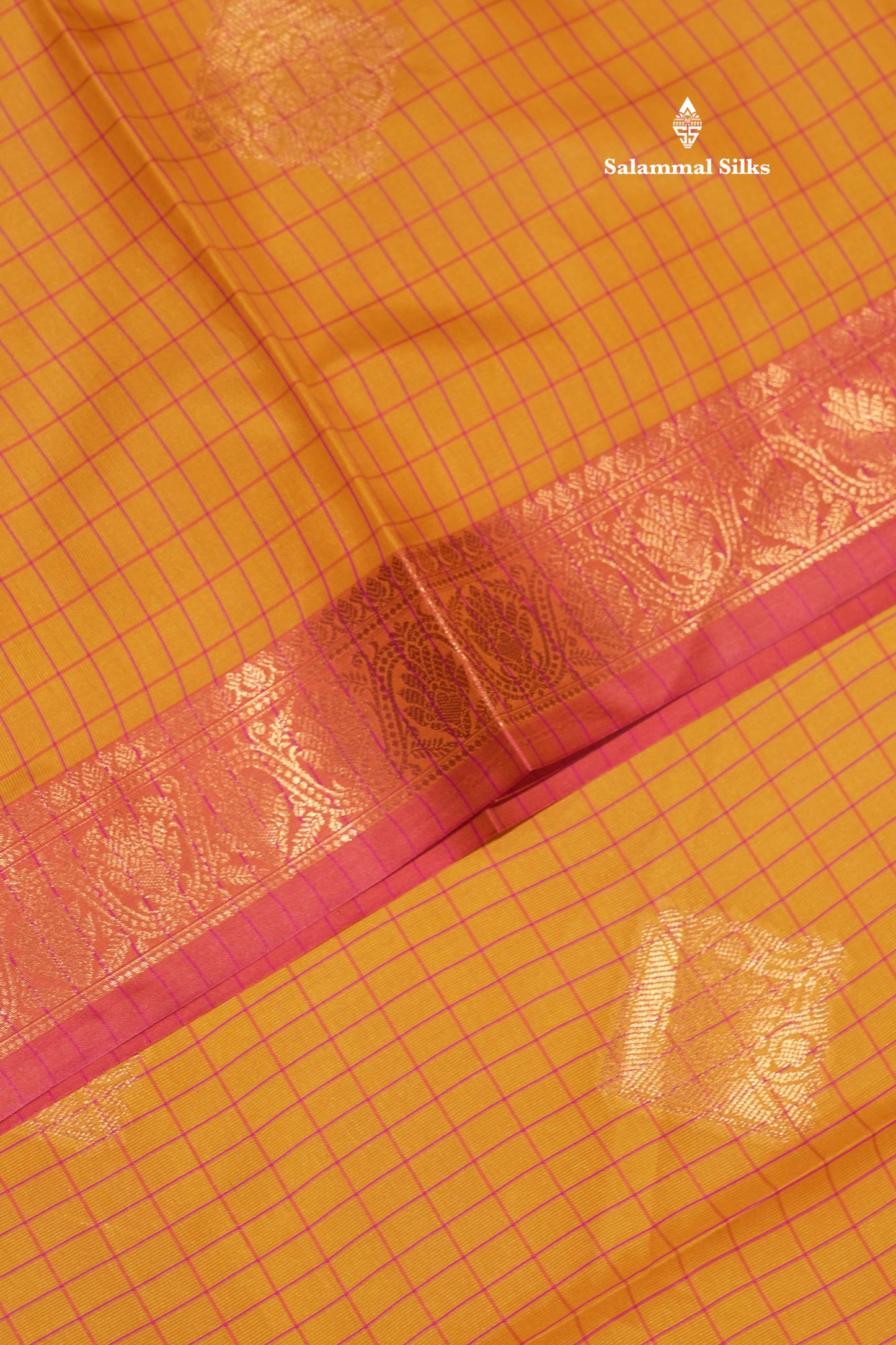 Mustard Yellow Colour Checks Semi Silk Saree With Pink Small Border