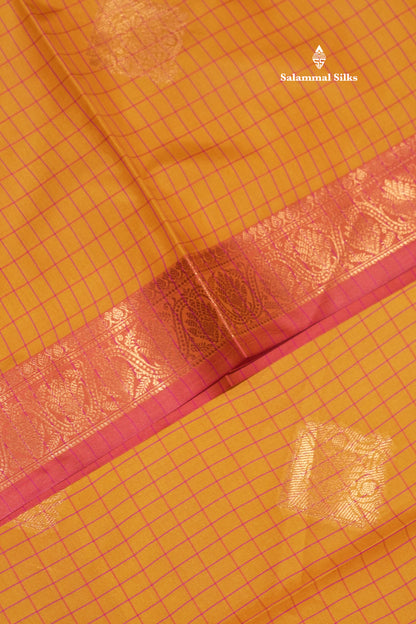 Mustard Yellow Colour Checks Semi Silk Saree With Pink Small Border
