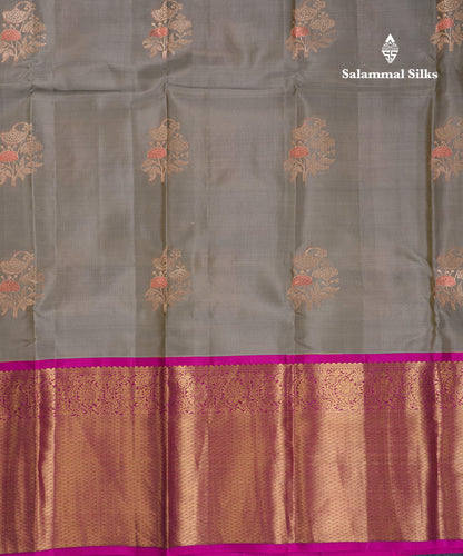 Beautiful Greenish Grey Puremix Silk Saree With Contrast Magenta Traditional Evening Morning Border