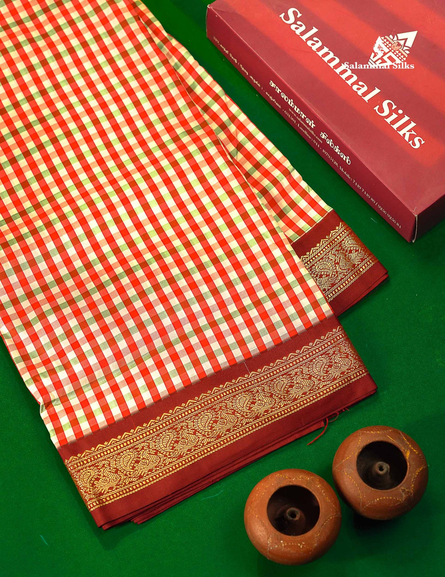 9.5 Yards Semi Silk Saree Multicolour Checks with Maroon Border