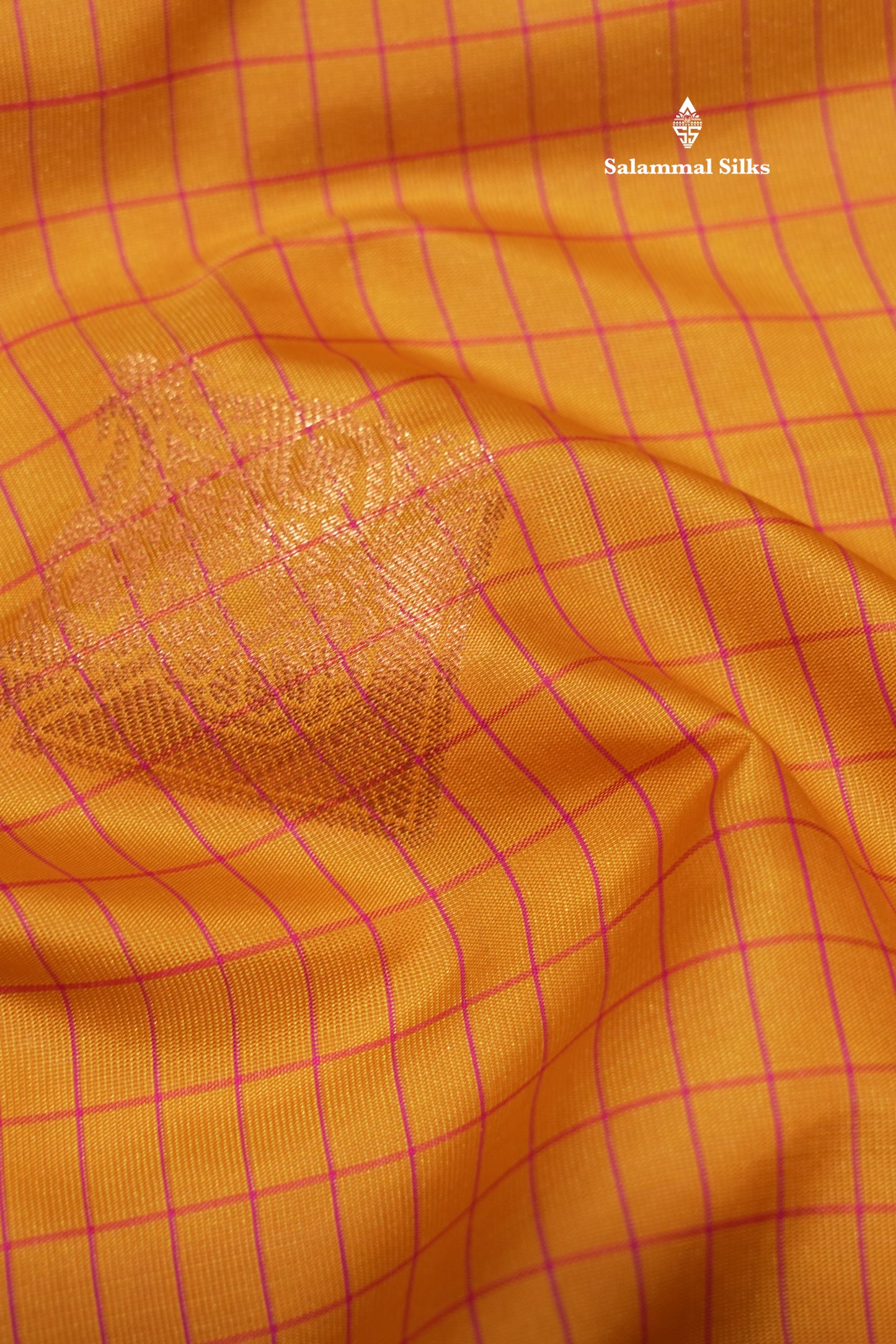 Mustard Yellow Colour Checks Semi Silk Saree With Pink Small Border