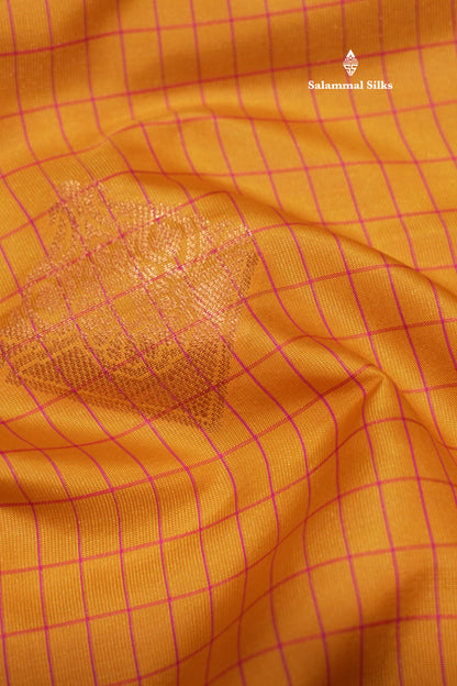 Mustard Yellow Colour Checks Semi Silk Saree With Pink Small Border