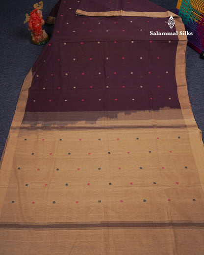 Beautiful Dark Brown Thread Work Butta Pure Cotton Saree With Contrast Dark Sandal Border