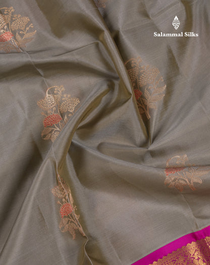 Beautiful Greenish Grey Puremix Silk Saree With Contrast Magenta Traditional Evening Morning Border