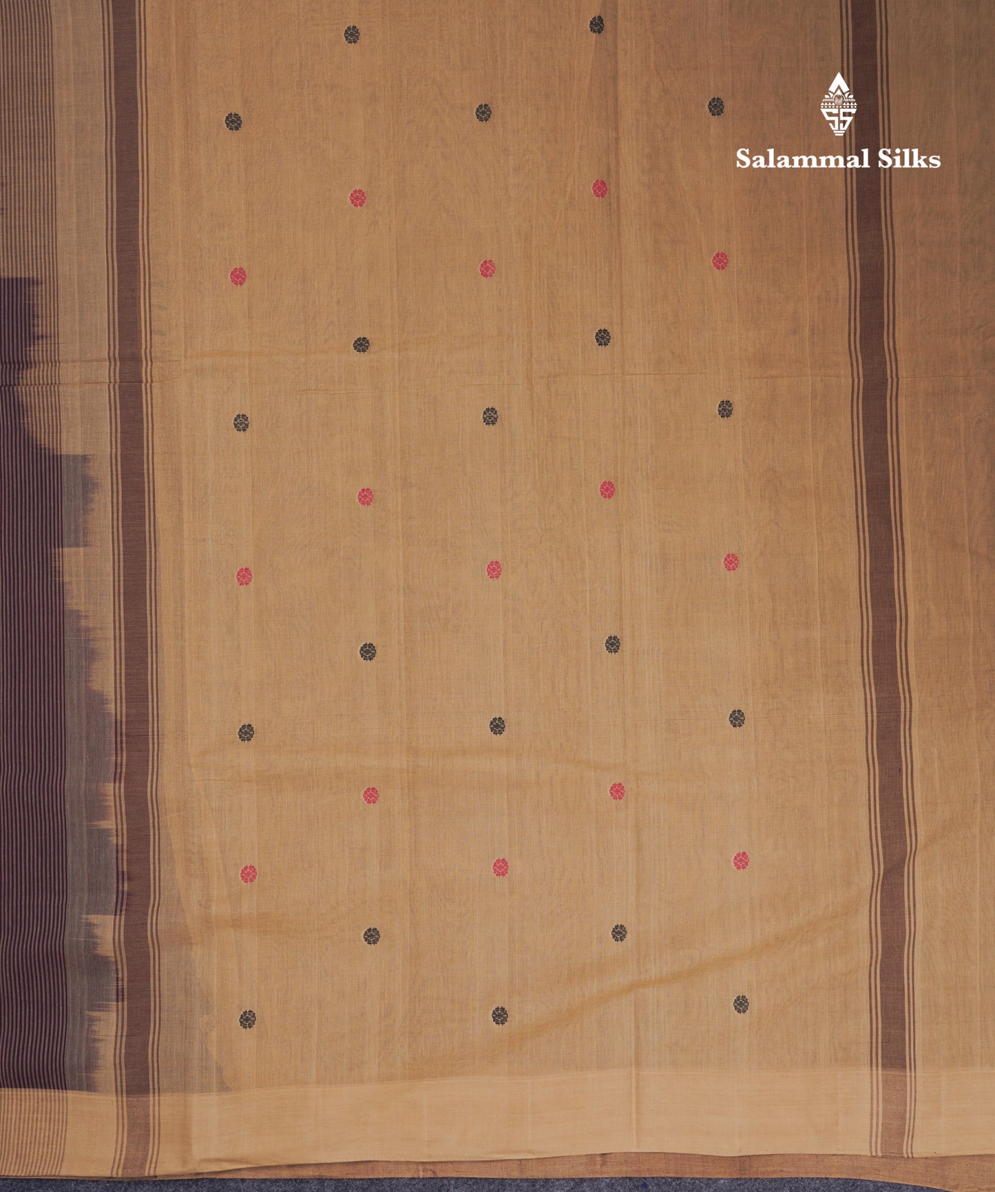 Beautiful Dark Brown Thread Work Butta Pure Cotton Saree With Contrast Dark Sandal Border