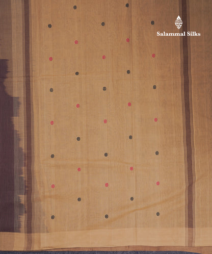 Beautiful Dark Brown Thread Work Butta Pure Cotton Saree With Contrast Dark Sandal Border