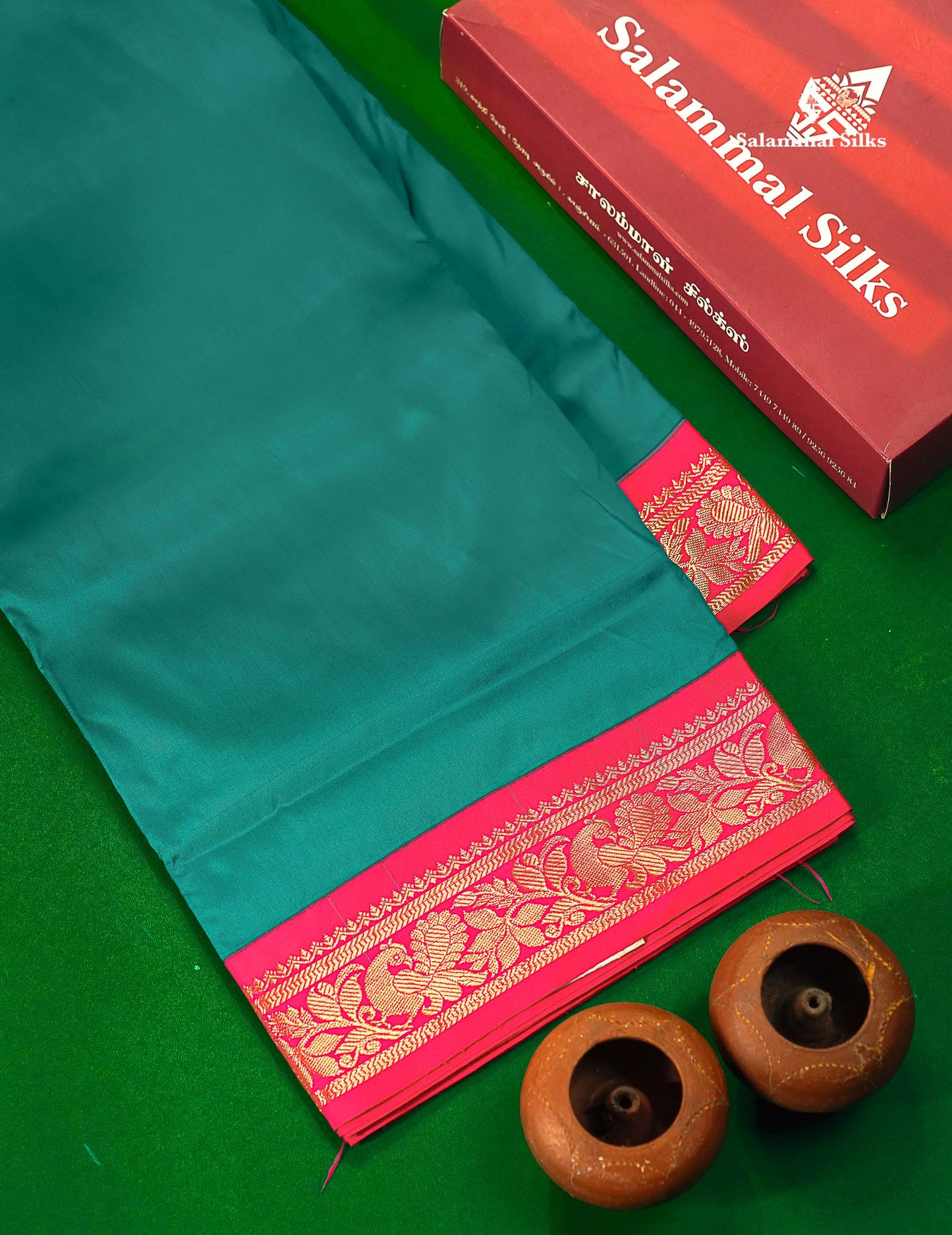 Semi Silk Saree - Peacock Blue Colour Body Plain With Contrast Pink Border | 9 Yards 
