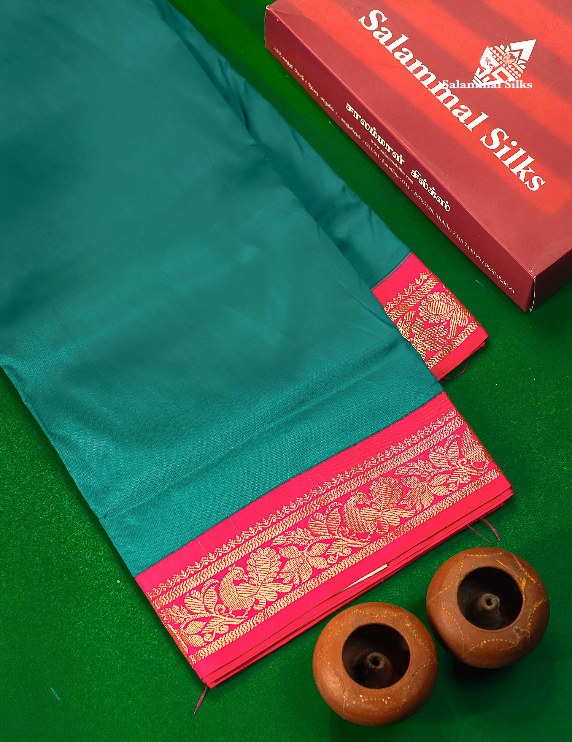 Semi Silk Saree - Peacock Blue Colour Body Plain With Contrast Pink Border | 9 Yards 