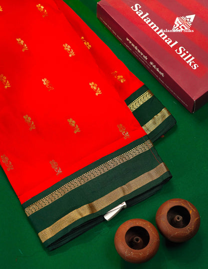 9.5 Yards Semi Silk Saree Orange with Contrast Bottle Green Traditional Rettapet Border