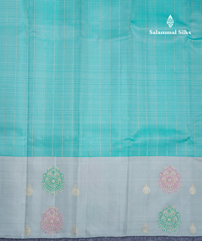 Sky Blue Pure Kanjivaram Silk Saree With Contrast Blueish Grey One Side Fancy Border