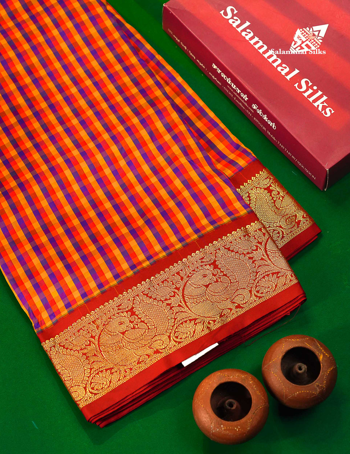 Semi Silk Saree - Multicolour Body Checks With Contrast Maroon Traditional Border | 10 Yards 