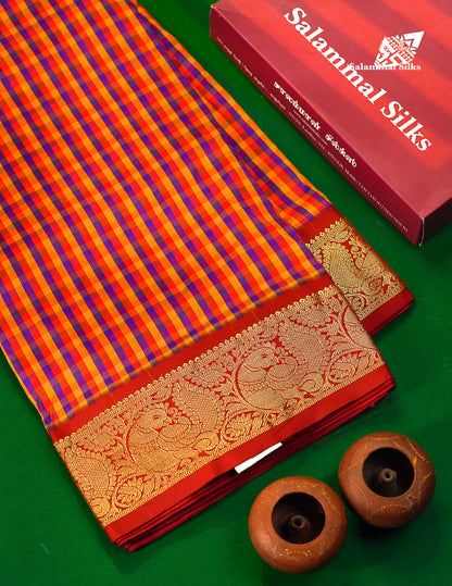 Semi Silk Saree - Multicolour Body Checks With Contrast Maroon Traditional Border | 10 Yards 