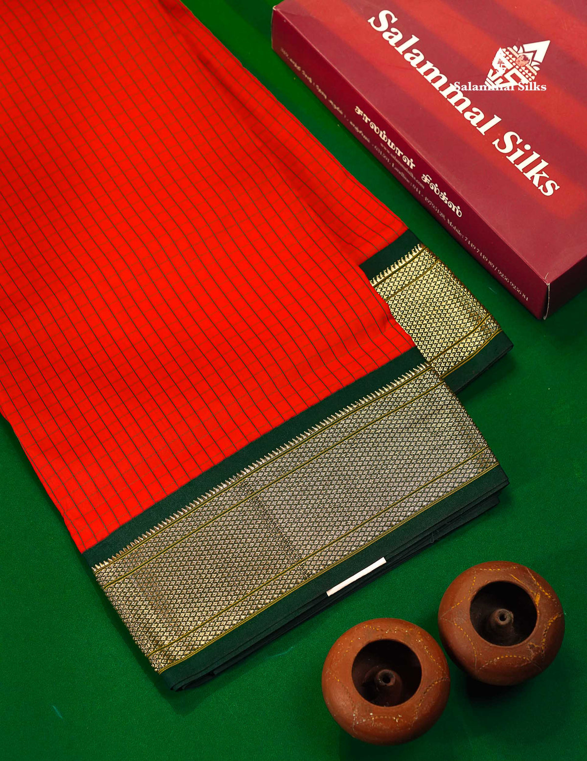 9 Yards Semi Silk Saree Peacock Green Colour with Pink Border