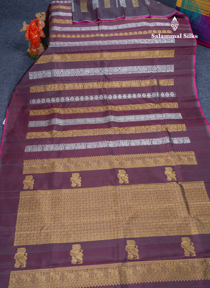 Dark Maroon Gold And Silver Zari Butta Lines Fancy Pure Kanjivaram Silk Saree Without Border