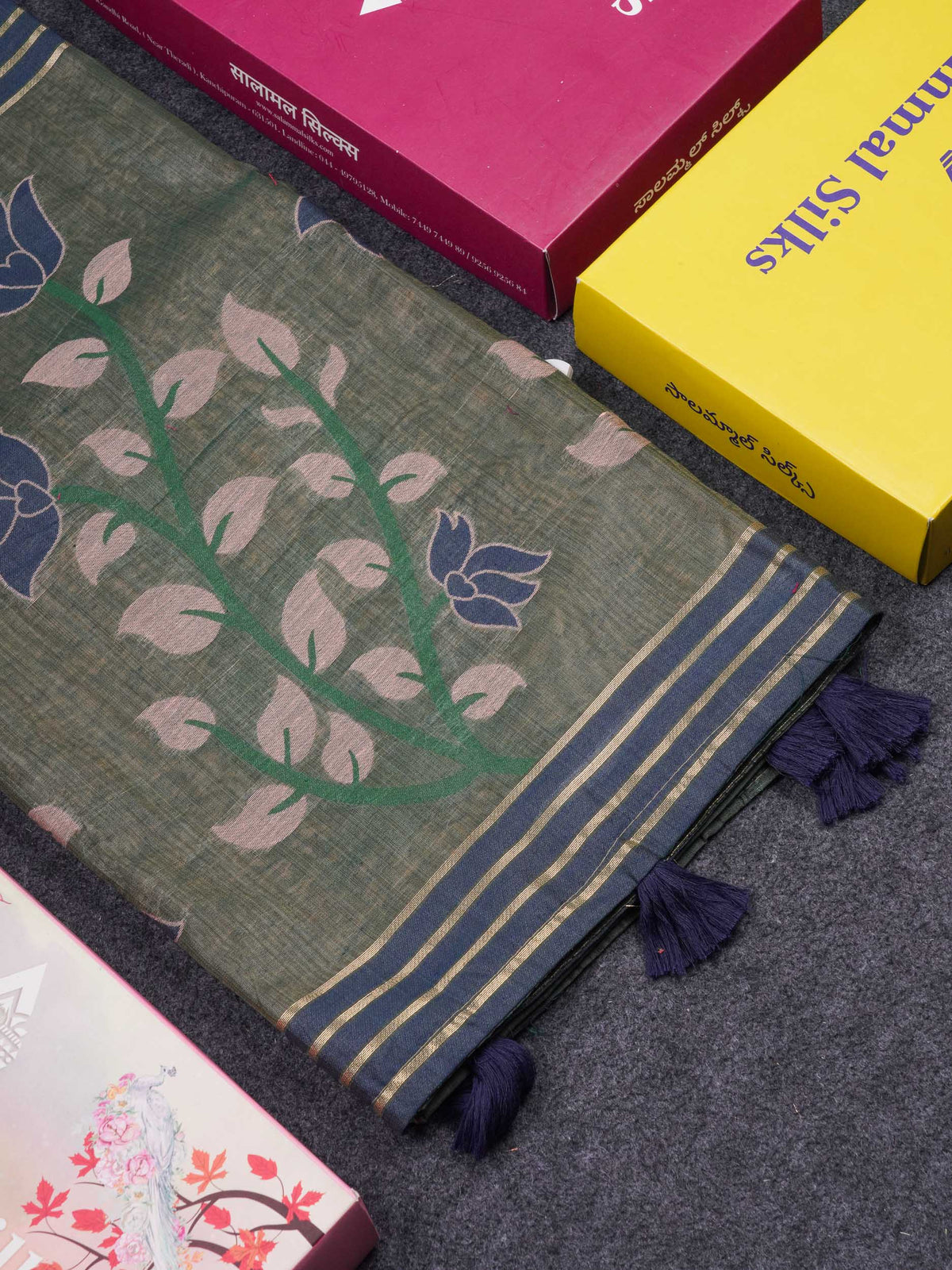 Beautiful Peach Menakari Work Thread Butta Muga Cotton Saree With Contrast Bottle Green Blouse