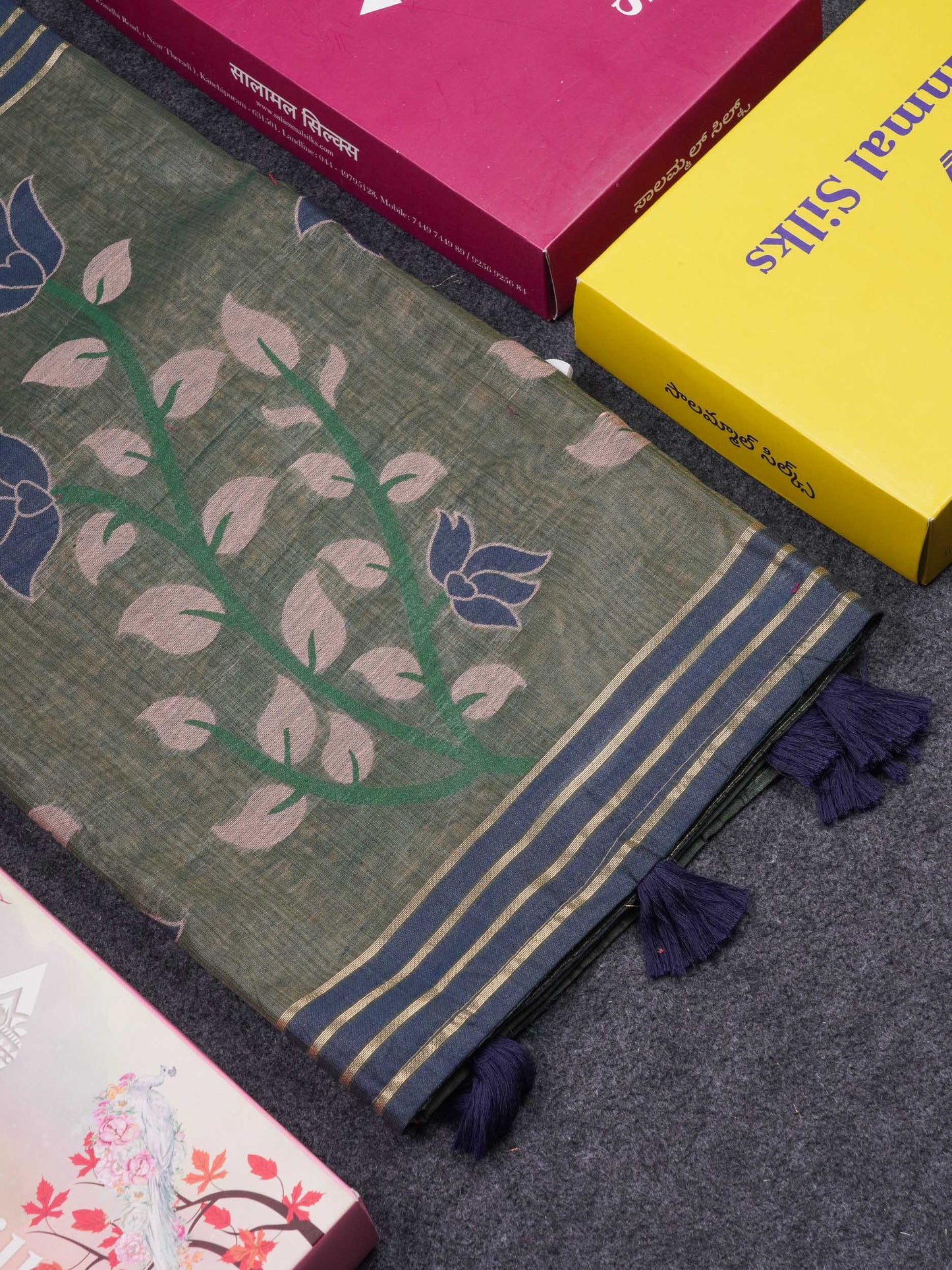 Beautiful Peach Menakari Work Thread Butta Muga Cotton Saree With Contrast Bottle Green Blouse