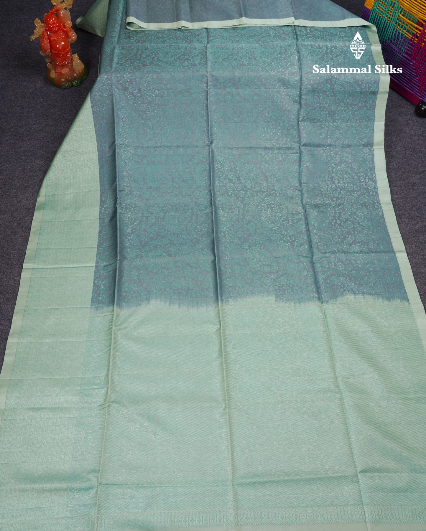 Beautiful Grey Pure Kanjivaram Soft Silk Saree With Contrast Ice Blue Border