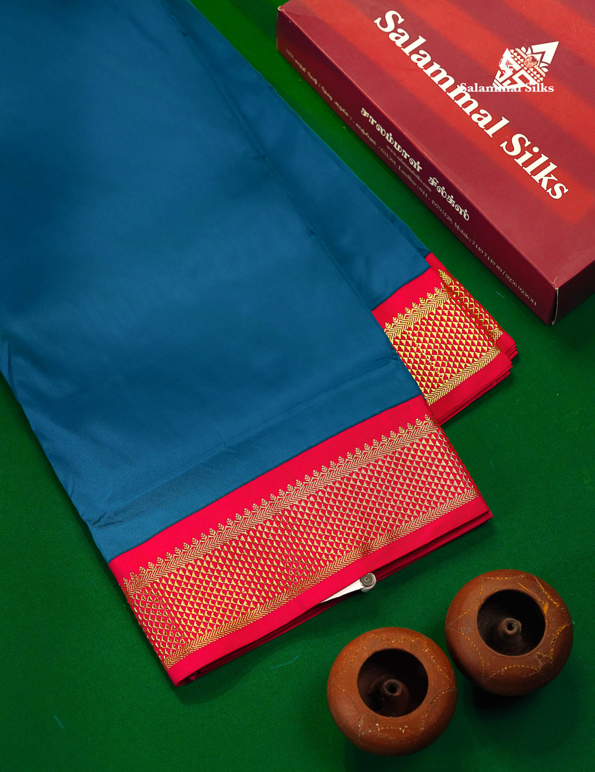 9 Yards Semi Silk Saree Peacock Green With Contrast Pink Traditional Border