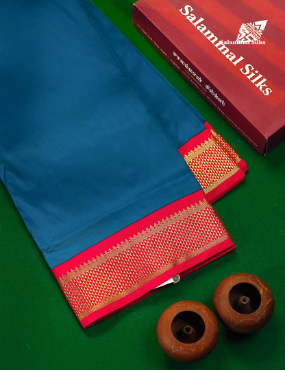 9 Yards Semi Silk Saree Peacock Green With Contrast Pink Traditional Border