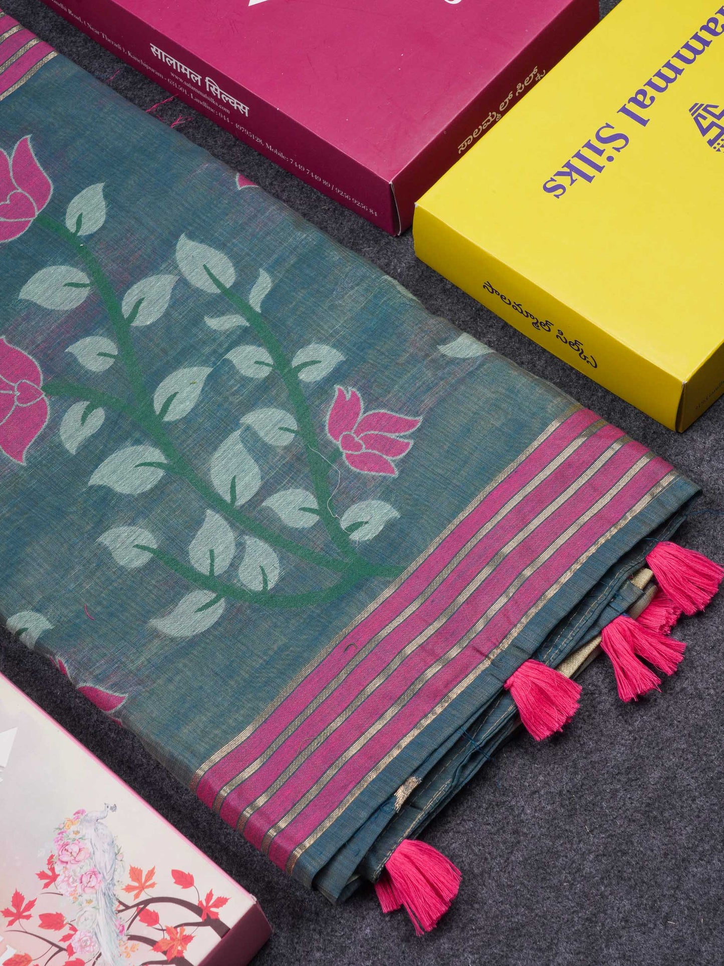 Beautiful Peach Menakari Work Thread Butta Muga Cotton Saree With Contrast Bottle Green Blouse