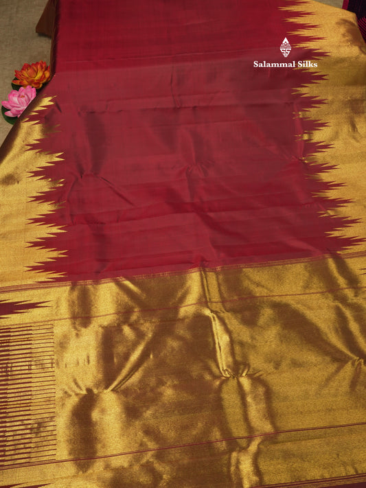 8 Kol Maroon Pure Kanjivaram Silk Saree with Traditional Temple Border
