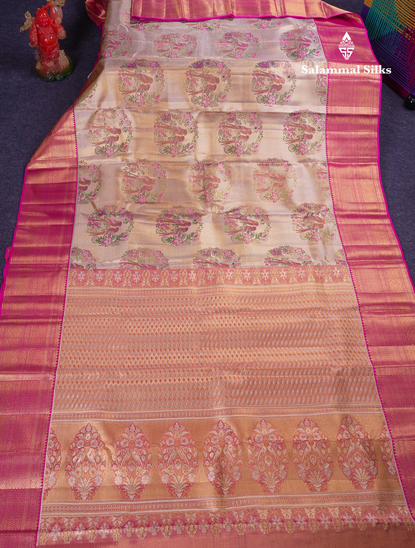 Beautiful Gold Tissue Bridal Pure Kanjivaram Silk Saree With Contrast Pink Traditional Border