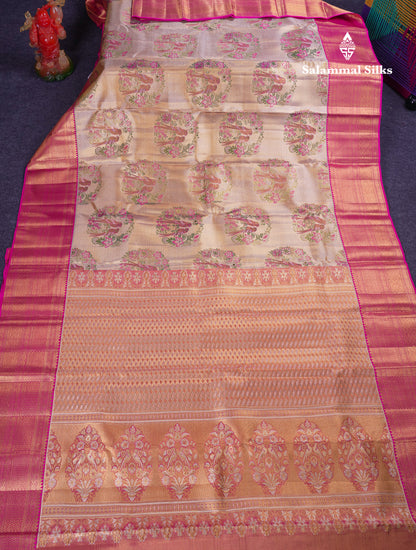 Beautiful Gold Tissue Bridal Pure Kanjivaram Silk Saree With Contrast Pink Traditional Border