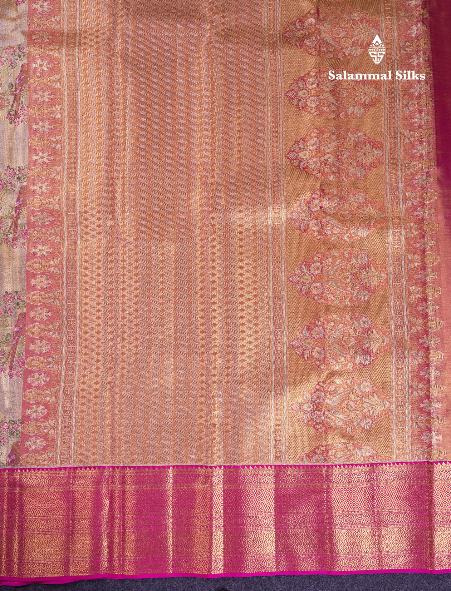 Beautiful Gold Tissue Bridal Pure Kanjivaram Silk Saree With Contrast Pink Traditional Border